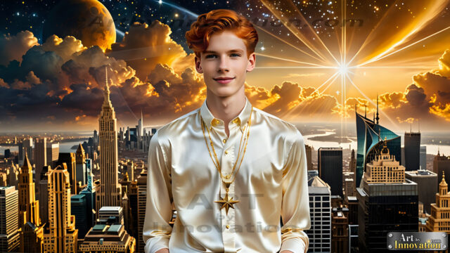 The Men of the Golden City is a collection of AI generated images of beautiful, glamorous, handsome guys in the heavens. The heavenly landscape evokes a sense of magnificence, the majestic gothic architecture, is detailed and crafted to create an atmosphere of reverence and divine glory. The mystical and galactic landscape highlights the golden city. The great detail of the city and the billowing clouds. A golden river flows from the city to the end of the galaxy. The vast galaxy almost covers the image. The stars and constellations sparkle in the galaxy. The city has massive, magnificent, majestic gothic architecture.