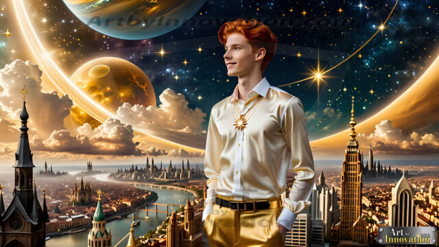 The Men of the Golden City is a collection of AI generated images of beautiful, glamorous, handsome guys in the heavens. The heavenly landscape evokes a sense of magnificence, the majestic gothic architecture, is detailed and crafted to create an atmosphere of reverence and divine glory. The mystical and galactic landscape highlights the golden city. The great detail of the city and the billowing clouds. A golden river flows from the city to the end of the galaxy. The vast galaxy almost covers the image. The stars and constellations sparkle in the galaxy. The city has massive, magnificent, majestic gothic architecture.