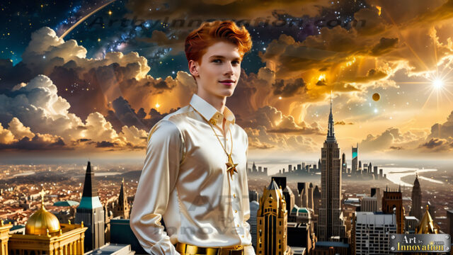 The Men of the Golden City is a collection of AI generated images of beautiful, glamorous, handsome guys in the heavens. The heavenly landscape evokes a sense of magnificence, the majestic gothic architecture, is detailed and crafted to create an atmosphere of reverence and divine glory. The mystical and galactic landscape highlights the golden city. The great detail of the city and the billowing clouds. A golden river flows from the city to the end of the galaxy. The vast galaxy almost covers the image. The stars and constellations sparkle in the galaxy. The city has massive, magnificent, majestic gothic architecture.