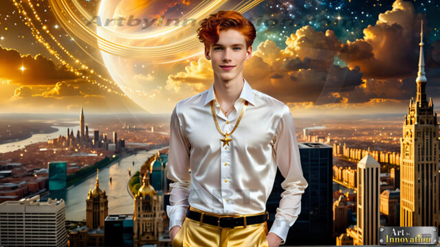 The Men of the Golden City is a collection of AI generated images of beautiful, glamorous, handsome guys in the heavens. The heavenly landscape evokes a sense of magnificence, the majestic gothic architecture, is detailed and crafted to create an atmosphere of reverence and divine glory. The mystical and galactic landscape highlights the golden city. The great detail of the city and the billowing clouds. A golden river flows from the city to the end of the galaxy. The vast galaxy almost covers the image. The stars and constellations sparkle in the galaxy. The city has massive, magnificent, majestic gothic architecture.