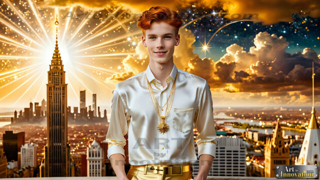 The Men of the Golden City is a collection of AI generated images of beautiful, glamorous, handsome guys in the heavens. The heavenly landscape evokes a sense of magnificence, the majestic gothic architecture, is detailed and crafted to create an atmosphere of reverence and divine glory. The mystical and galactic landscape highlights the golden city. The great detail of the city and the billowing clouds. A golden river flows from the city to the end of the galaxy. The vast galaxy almost covers the image. The stars and constellations sparkle in the galaxy. The city has massive, magnificent, majestic gothic architecture.
