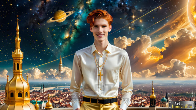 The Men of the Golden City is a collection of AI generated images of beautiful, glamorous, handsome guys in the heavens. The heavenly landscape evokes a sense of magnificence, the majestic gothic architecture, is detailed and crafted to create an atmosphere of reverence and divine glory. The mystical and galactic landscape highlights the golden city. The great detail of the city and the billowing clouds. A golden river flows from the city to the end of the galaxy. The vast galaxy almost covers the image. The stars and constellations sparkle in the galaxy. The city has massive, magnificent, majestic gothic architecture.