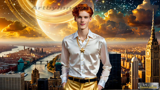 The Men of the Golden City is a collection of AI generated images of beautiful, glamorous, handsome guys in the heavens. The heavenly landscape evokes a sense of magnificence, the majestic gothic architecture, is detailed and crafted to create an atmosphere of reverence and divine glory. The mystical and galactic landscape highlights the golden city. The great detail of the city and the billowing clouds. A golden river flows from the city to the end of the galaxy. The vast galaxy almost covers the image. The stars and constellations sparkle in the galaxy. The city has massive, magnificent, majestic gothic architecture.