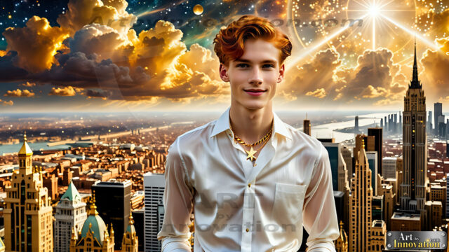 The Men of the Golden City is a collection of AI generated images of beautiful, glamorous, handsome guys in the heavens. The heavenly landscape evokes a sense of magnificence, the majestic gothic architecture, is detailed and crafted to create an atmosphere of reverence and divine glory. The mystical and galactic landscape highlights the golden city. The great detail of the city and the billowing clouds. A golden river flows from the city to the end of the galaxy. The vast galaxy almost covers the image. The stars and constellations sparkle in the galaxy. The city has massive, magnificent, majestic gothic architecture.