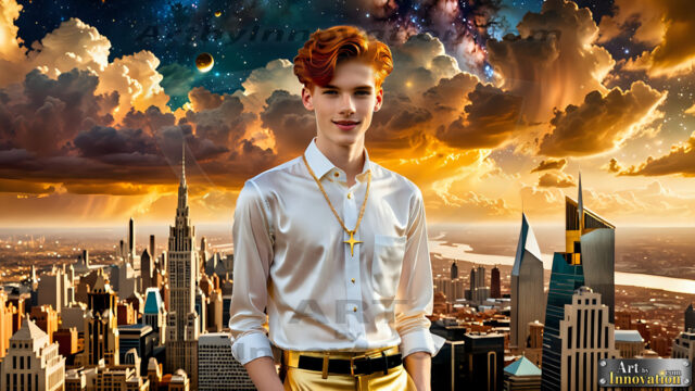The Men of the Golden City is a collection of AI generated images of beautiful, glamorous, handsome guys in the heavens. The heavenly landscape evokes a sense of magnificence, the majestic gothic architecture, is detailed and crafted to create an atmosphere of reverence and divine glory. The mystical and galactic landscape highlights the golden city. The great detail of the city and the billowing clouds. A golden river flows from the city to the end of the galaxy. The vast galaxy almost covers the image. The stars and constellations sparkle in the galaxy. The city has massive, magnificent, majestic gothic architecture.