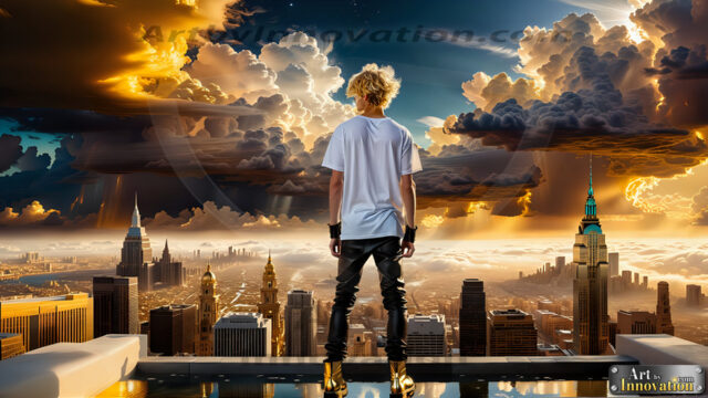 The Men of the Golden City is a collection of AI generated images of beautiful, glamorous, handsome guys in the heavens. The heavenly landscape evokes a sense of magnificence, the majestic gothic architecture, is detailed and crafted to create an atmosphere of reverence and divine glory. The mystical and galactic landscape highlights the golden city. The great detail of the city and the billowing clouds. A golden river flows from the city to the end of the galaxy. The vast galaxy almost covers the image. The stars and constellations sparkle in the galaxy. The city has massive, magnificent, majestic gothic architecture.