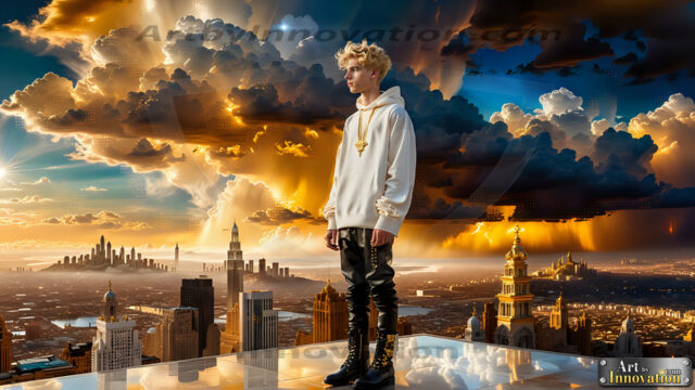The Men of the Golden City is a collection of AI generated images of beautiful, glamorous, handsome guys in the heavens. The heavenly landscape evokes a sense of magnificence, the majestic gothic architecture, is detailed and crafted to create an atmosphere of reverence and divine glory. The mystical and galactic landscape highlights the golden city. The great detail of the city and the billowing clouds. A golden river flows from the city to the end of the galaxy. The vast galaxy almost covers the image. The stars and constellations sparkle in the galaxy. The city has massive, magnificent, majestic gothic architecture.