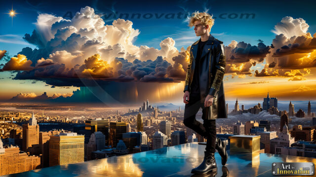 The Men of the Golden City is a collection of AI generated images of beautiful, glamorous, handsome guys in the heavens. The heavenly landscape evokes a sense of magnificence, the majestic gothic architecture, is detailed and crafted to create an atmosphere of reverence and divine glory. The mystical and galactic landscape highlights the golden city. The great detail of the city and the billowing clouds. A golden river flows from the city to the end of the galaxy. The vast galaxy almost covers the image. The stars and constellations sparkle in the galaxy. The city has massive, magnificent, majestic gothic architecture.