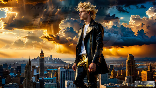 The Men of the Golden City is a collection of AI generated images of beautiful, glamorous, handsome guys in the heavens. The heavenly landscape evokes a sense of magnificence, the majestic gothic architecture, is detailed and crafted to create an atmosphere of reverence and divine glory. The mystical and galactic landscape highlights the golden city. The great detail of the city and the billowing clouds. A golden river flows from the city to the end of the galaxy. The vast galaxy almost covers the image. The stars and constellations sparkle in the galaxy. The city has massive, magnificent, majestic gothic architecture.