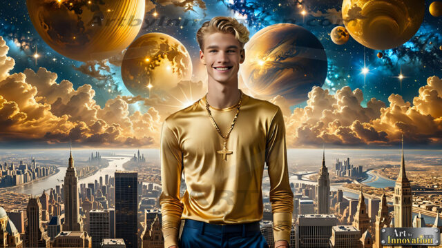 The Men of the Golden City is a collection of AI generated images of beautiful, glamorous, handsome guys in the heavens. The heavenly landscape evokes a sense of magnificence, the majestic gothic architecture, is detailed and crafted to create an atmosphere of reverence and divine glory. The mystical and galactic landscape highlights the golden city. The great detail of the city and the billowing clouds. A golden river flows from the city to the end of the galaxy. The vast galaxy almost covers the image. The stars and constellations sparkle in the galaxy. The city has massive, magnificent, majestic gothic architecture.