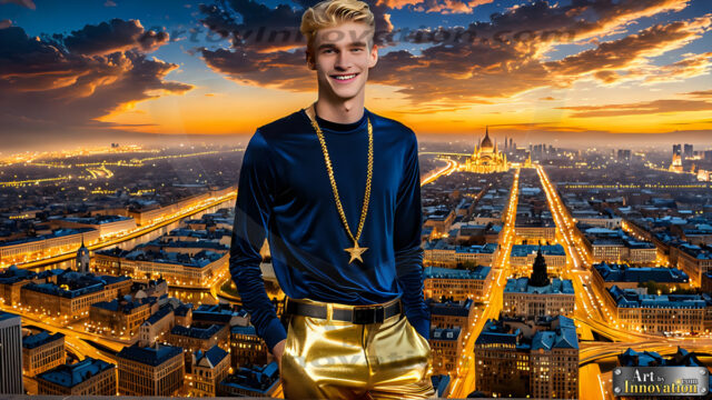 The Men of the Golden City is a collection of AI generated images of beautiful, glamorous, handsome guys in the heavens. The heavenly landscape evokes a sense of magnificence, the majestic gothic architecture, is detailed and crafted to create an atmosphere of reverence and divine glory. The mystical and galactic landscape highlights the golden city. The great detail of the city and the billowing clouds. A golden river flows from the city to the end of the galaxy. The vast galaxy almost covers the image. The stars and constellations sparkle in the galaxy. The city has massive, magnificent, majestic gothic architecture.