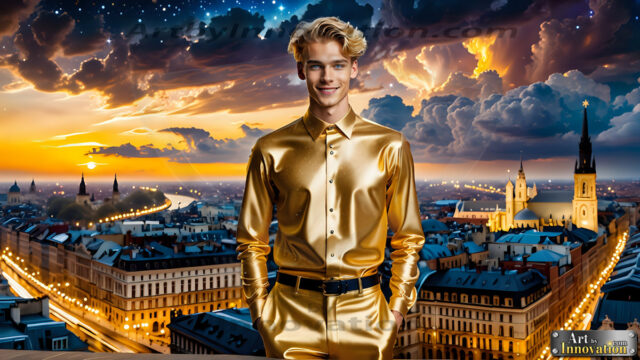 The Men of the Golden City is a collection of AI generated images of beautiful, glamorous, handsome guys in the heavens. The heavenly landscape evokes a sense of magnificence, the majestic gothic architecture, is detailed and crafted to create an atmosphere of reverence and divine glory. The mystical and galactic landscape highlights the golden city. The great detail of the city and the billowing clouds. A golden river flows from the city to the end of the galaxy. The vast galaxy almost covers the image. The stars and constellations sparkle in the galaxy. The city has massive, magnificent, majestic gothic architecture.