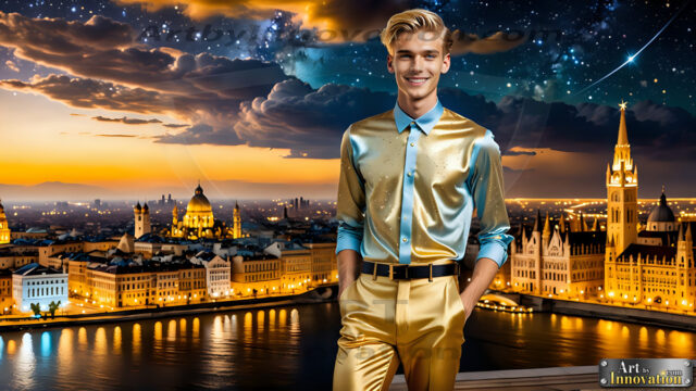 The Men of the Golden City is a collection of AI generated images of beautiful, glamorous, handsome guys in the heavens. The heavenly landscape evokes a sense of magnificence, the majestic gothic architecture, is detailed and crafted to create an atmosphere of reverence and divine glory. The mystical and galactic landscape highlights the golden city. The great detail of the city and the billowing clouds. A golden river flows from the city to the end of the galaxy. The vast galaxy almost covers the image. The stars and constellations sparkle in the galaxy. The city has massive, magnificent, majestic gothic architecture.
