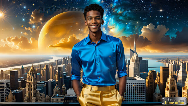 The Men of the Golden City is a collection of AI generated images of beautiful, glamorous, handsome guys in the heavens. The heavenly landscape evokes a sense of magnificence, the majestic gothic architecture, is detailed and crafted to create an atmosphere of reverence and divine glory. The mystical and galactic landscape highlights the golden city. The great detail of the city and the billowing clouds. A golden river flows from the city to the end of the galaxy. The vast galaxy almost covers the image. The stars and constellations sparkle in the galaxy. The city has massive, magnificent, majestic gothic architecture.