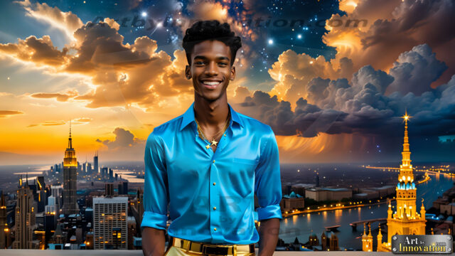 The Men of the Golden City is a collection of AI generated images of beautiful, glamorous, handsome guys in the heavens. The heavenly landscape evokes a sense of magnificence, the majestic gothic architecture, is detailed and crafted to create an atmosphere of reverence and divine glory. The mystical and galactic landscape highlights the golden city. The great detail of the city and the billowing clouds. A golden river flows from the city to the end of the galaxy. The vast galaxy almost covers the image. The stars and constellations sparkle in the galaxy. The city has massive, magnificent, majestic gothic architecture.