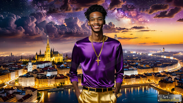 The Men of the Golden City is a collection of AI generated images of beautiful, glamorous, handsome guys in the heavens. The heavenly landscape evokes a sense of magnificence, the majestic gothic architecture, is detailed and crafted to create an atmosphere of reverence and divine glory. The mystical and galactic landscape highlights the golden city. The great detail of the city and the billowing clouds. A golden river flows from the city to the end of the galaxy. The vast galaxy almost covers the image. The stars and constellations sparkle in the galaxy. The city has massive, magnificent, majestic gothic architecture.