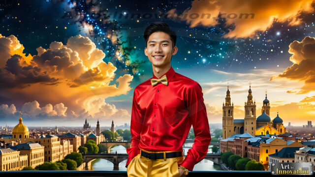 The Men of the Golden City is a collection of AI generated images of beautiful, glamorous, handsome guys in the heavens. The heavenly landscape evokes a sense of magnificence, the majestic gothic architecture, is detailed and crafted to create an atmosphere of reverence and divine glory. The mystical and galactic landscape highlights the golden city. The great detail of the city and the billowing clouds. A golden river flows from the city to the end of the galaxy. The vast galaxy almost covers the image. The stars and constellations sparkle in the galaxy. The city has massive, magnificent, majestic gothic architecture.