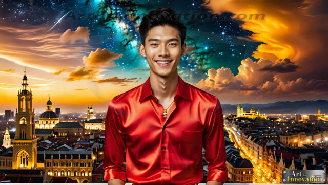 The Men of the Golden City is a collection of AI generated images of beautiful, glamorous, handsome guys in the heavens. The heavenly landscape evokes a sense of magnificence, the majestic gothic architecture, is detailed and crafted to create an atmosphere of reverence and divine glory. The mystical and galactic landscape highlights the golden city. The great detail of the city and the billowing clouds. A golden river flows from the city to the end of the galaxy. The vast galaxy almost covers the image. The stars and constellations sparkle in the galaxy. The city has massive, magnificent, majestic gothic architecture.