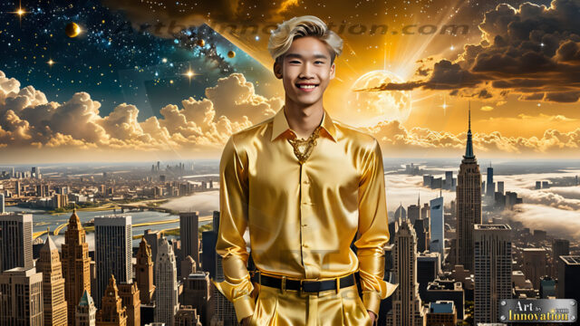 The Men of the Golden City is a collection of AI generated images of beautiful, glamorous, handsome guys in the heavens. The heavenly landscape evokes a sense of magnificence, the majestic gothic architecture, is detailed and crafted to create an atmosphere of reverence and divine glory. The mystical and galactic landscape highlights the golden city. The great detail of the city and the billowing clouds. A golden river flows from the city to the end of the galaxy. The vast galaxy almost covers the image. The stars and constellations sparkle in the galaxy. The city has massive, magnificent, majestic gothic architecture.