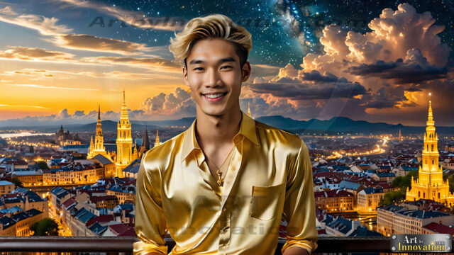 The Men of the Golden City is a collection of AI generated images of beautiful, glamorous, handsome guys in the heavens. The heavenly landscape evokes a sense of magnificence, the majestic gothic architecture, is detailed and crafted to create an atmosphere of reverence and divine glory. The mystical and galactic landscape highlights the golden city. The great detail of the city and the billowing clouds. A golden river flows from the city to the end of the galaxy. The vast galaxy almost covers the image. The stars and constellations sparkle in the galaxy. The city has massive, magnificent, majestic gothic architecture.