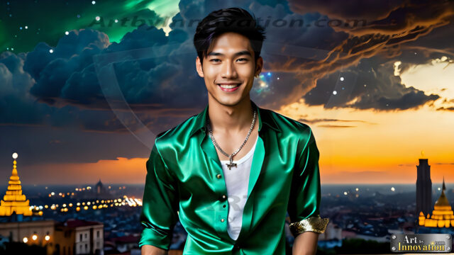 The Men of the Golden City is a collection of AI generated images of beautiful, glamorous, handsome guys in the heavens. The heavenly landscape evokes a sense of magnificence, the majestic gothic architecture, is detailed and crafted to create an atmosphere of reverence and divine glory. The mystical and galactic landscape highlights the golden city. The great detail of the city and the billowing clouds. A golden river flows from the city to the end of the galaxy. The vast galaxy almost covers the image. The stars and constellations sparkle in the galaxy. The city has massive, magnificent, majestic gothic architecture.