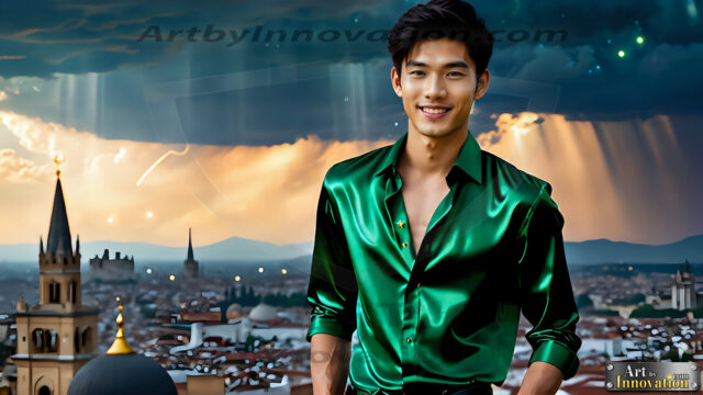 The Men of the Golden City is a collection of AI generated images of beautiful, glamorous, handsome guys in the heavens. The heavenly landscape evokes a sense of magnificence, the majestic gothic architecture, is detailed and crafted to create an atmosphere of reverence and divine glory. The mystical and galactic landscape highlights the golden city. The great detail of the city and the billowing clouds. A golden river flows from the city to the end of the galaxy. The vast galaxy almost covers the image. The stars and constellations sparkle in the galaxy. The city has massive, magnificent, majestic gothic architecture.