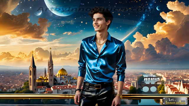 The Men of the Golden City is a collection of AI generated images of beautiful, glamorous, handsome guys in the heavens. The heavenly landscape evokes a sense of magnificence, the majestic gothic architecture, is detailed and crafted to create an atmosphere of reverence and divine glory. The mystical and galactic landscape highlights the golden city. The great detail of the city and the billowing clouds. A golden river flows from the city to the end of the galaxy. The vast galaxy almost covers the image. The stars and constellations sparkle in the galaxy. The city has massive, magnificent, majestic gothic architecture.