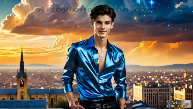 The Men of the Golden City is a collection of AI generated images of beautiful, glamorous, handsome guys in the heavens. The heavenly landscape evokes a sense of magnificence, the majestic gothic architecture, is detailed and crafted to create an atmosphere of reverence and divine glory. The mystical and galactic landscape highlights the golden city. The great detail of the city and the billowing clouds. A golden river flows from the city to the end of the galaxy. The vast galaxy almost covers the image. The stars and constellations sparkle in the galaxy. The city has massive, magnificent, majestic gothic architecture.