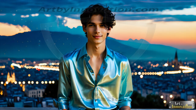 The Men of the Golden City is a collection of AI generated images of beautiful, glamorous, handsome guys in the heavens. The heavenly landscape evokes a sense of magnificence, the majestic gothic architecture, is detailed and crafted to create an atmosphere of reverence and divine glory. The mystical and galactic landscape highlights the golden city. The great detail of the city and the billowing clouds. A golden river flows from the city to the end of the galaxy. The vast galaxy almost covers the image. The stars and constellations sparkle in the galaxy. The city has massive, magnificent, majestic gothic architecture.