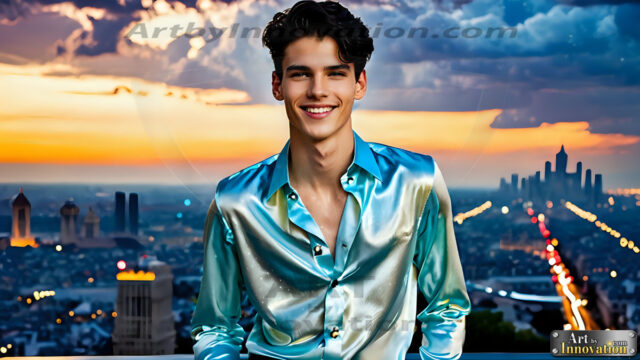 The Men of the Golden City is a collection of AI generated images of beautiful, glamorous, handsome guys in the heavens. The heavenly landscape evokes a sense of magnificence, the majestic gothic architecture, is detailed and crafted to create an atmosphere of reverence and divine glory. The mystical and galactic landscape highlights the golden city. The great detail of the city and the billowing clouds. A golden river flows from the city to the end of the galaxy. The vast galaxy almost covers the image. The stars and constellations sparkle in the galaxy. The city has massive, magnificent, majestic gothic architecture.