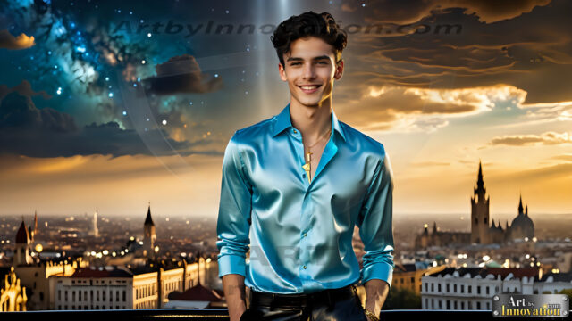 The Men of the Golden City is a collection of AI generated images of beautiful, glamorous, handsome guys in the heavens. The heavenly landscape evokes a sense of magnificence, the majestic gothic architecture, is detailed and crafted to create an atmosphere of reverence and divine glory. The mystical and galactic landscape highlights the golden city. The great detail of the city and the billowing clouds. A golden river flows from the city to the end of the galaxy. The vast galaxy almost covers the image. The stars and constellations sparkle in the galaxy. The city has massive, magnificent, majestic gothic architecture.
