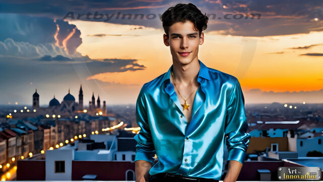 The Men of the Golden City is a collection of AI generated images of beautiful, glamorous, handsome guys in the heavens. The heavenly landscape evokes a sense of magnificence, the majestic gothic architecture, is detailed and crafted to create an atmosphere of reverence and divine glory. The mystical and galactic landscape highlights the golden city. The great detail of the city and the billowing clouds. A golden river flows from the city to the end of the galaxy. The vast galaxy almost covers the image. The stars and constellations sparkle in the galaxy. The city has massive, magnificent, majestic gothic architecture.