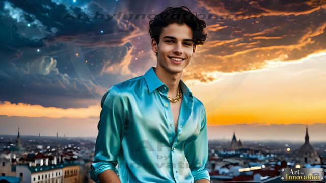 The Men of the Golden City is a collection of AI generated images of beautiful, glamorous, handsome guys in the heavens. The heavenly landscape evokes a sense of magnificence, the majestic gothic architecture, is detailed and crafted to create an atmosphere of reverence and divine glory. The mystical and galactic landscape highlights the golden city. The great detail of the city and the billowing clouds. A golden river flows from the city to the end of the galaxy. The vast galaxy almost covers the image. The stars and constellations sparkle in the galaxy. The city has massive, magnificent, majestic gothic architecture.