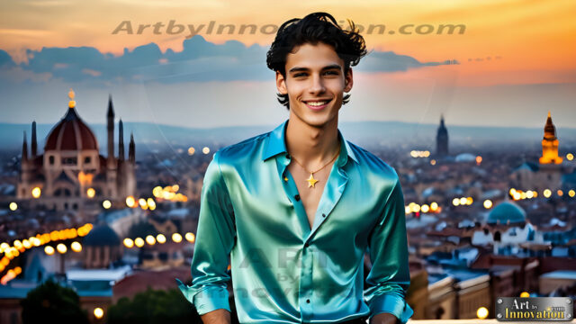 The Men of the Golden City is a collection of AI generated images of beautiful, glamorous, handsome guys in the heavens. The heavenly landscape evokes a sense of magnificence, the majestic gothic architecture, is detailed and crafted to create an atmosphere of reverence and divine glory. The mystical and galactic landscape highlights the golden city. The great detail of the city and the billowing clouds. A golden river flows from the city to the end of the galaxy. The vast galaxy almost covers the image. The stars and constellations sparkle in the galaxy. The city has massive, magnificent, majestic gothic architecture.