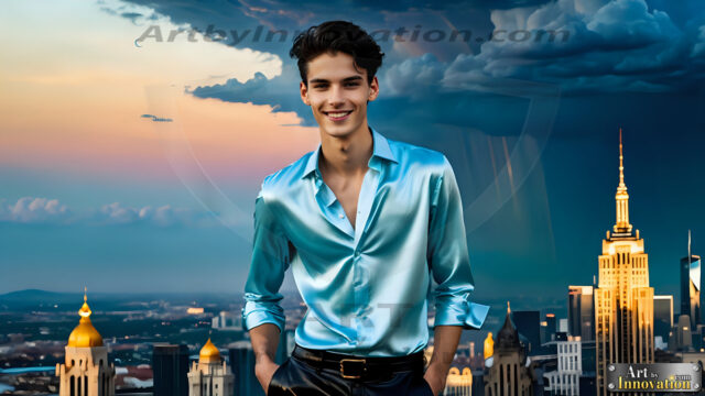 The Men of the Golden City is a collection of AI generated images of beautiful, glamorous, handsome guys in the heavens. The heavenly landscape evokes a sense of magnificence, the majestic gothic architecture, is detailed and crafted to create an atmosphere of reverence and divine glory. The mystical and galactic landscape highlights the golden city. The great detail of the city and the billowing clouds. A golden river flows from the city to the end of the galaxy. The vast galaxy almost covers the image. The stars and constellations sparkle in the galaxy. The city has massive, magnificent, majestic gothic architecture.