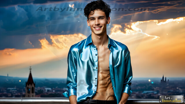 The Men of the Golden City is a collection of AI generated images of beautiful, glamorous, handsome guys in the heavens. The heavenly landscape evokes a sense of magnificence, the majestic gothic architecture, is detailed and crafted to create an atmosphere of reverence and divine glory. The mystical and galactic landscape highlights the golden city. The great detail of the city and the billowing clouds. A golden river flows from the city to the end of the galaxy. The vast galaxy almost covers the image. The stars and constellations sparkle in the galaxy. The city has massive, magnificent, majestic gothic architecture.