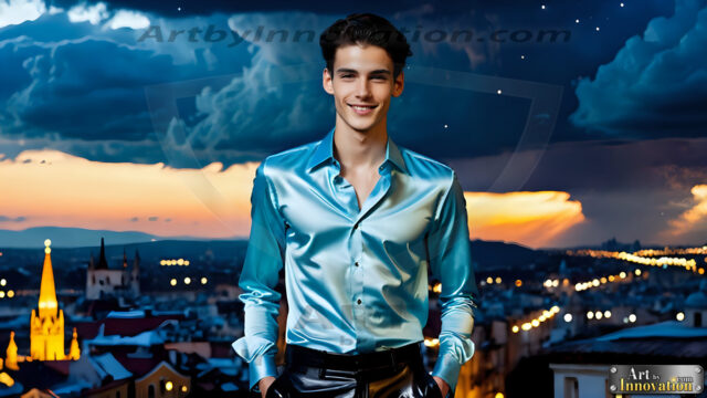 The Men of the Golden City is a collection of AI generated images of beautiful, glamorous, handsome guys in the heavens. The heavenly landscape evokes a sense of magnificence, the majestic gothic architecture, is detailed and crafted to create an atmosphere of reverence and divine glory. The mystical and galactic landscape highlights the golden city. The great detail of the city and the billowing clouds. A golden river flows from the city to the end of the galaxy. The vast galaxy almost covers the image. The stars and constellations sparkle in the galaxy. The city has massive, magnificent, majestic gothic architecture.