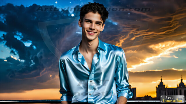 The Men of the Golden City is a collection of AI generated images of beautiful, glamorous, handsome guys in the heavens. The heavenly landscape evokes a sense of magnificence, the majestic gothic architecture, is detailed and crafted to create an atmosphere of reverence and divine glory. The mystical and galactic landscape highlights the golden city. The great detail of the city and the billowing clouds. A golden river flows from the city to the end of the galaxy. The vast galaxy almost covers the image. The stars and constellations sparkle in the galaxy. The city has massive, magnificent, majestic gothic architecture.