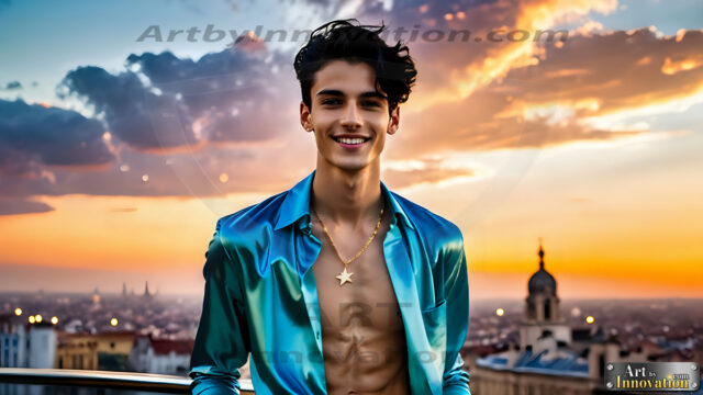 The Men of the Golden City is a collection of AI generated images of beautiful, glamorous, handsome guys in the heavens. The heavenly landscape evokes a sense of magnificence, the majestic gothic architecture, is detailed and crafted to create an atmosphere of reverence and divine glory. The mystical and galactic landscape highlights the golden city. The great detail of the city and the billowing clouds. A golden river flows from the city to the end of the galaxy. The vast galaxy almost covers the image. The stars and constellations sparkle in the galaxy. The city has massive, magnificent, majestic gothic architecture.
