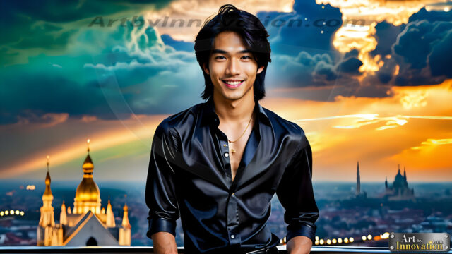 The Men of the Golden City is a collection of AI generated images of beautiful, glamorous, handsome guys in the heavens. The heavenly landscape evokes a sense of magnificence, the majestic gothic architecture, is detailed and crafted to create an atmosphere of reverence and divine glory. The mystical and galactic landscape highlights the golden city. The great detail of the city and the billowing clouds. A golden river flows from the city to the end of the galaxy. The vast galaxy almost covers the image. The stars and constellations sparkle in the galaxy. The city has massive, magnificent, majestic gothic architecture.