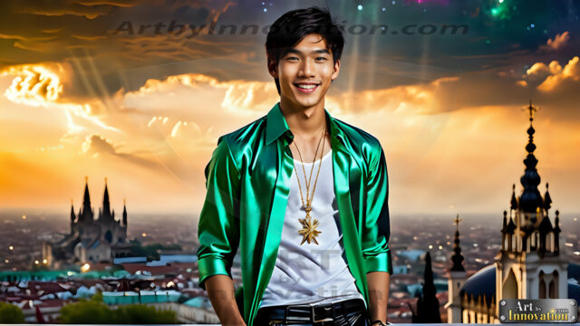 The Men of the Golden City is a collection of AI generated images of beautiful, glamorous, handsome guys in the heavens. The heavenly landscape evokes a sense of magnificence, the majestic gothic architecture, is detailed and crafted to create an atmosphere of reverence and divine glory. The mystical and galactic landscape highlights the golden city. The great detail of the city and the billowing clouds. A golden river flows from the city to the end of the galaxy. The vast galaxy almost covers the image. The stars and constellations sparkle in the galaxy. The city has massive, magnificent, majestic gothic architecture.