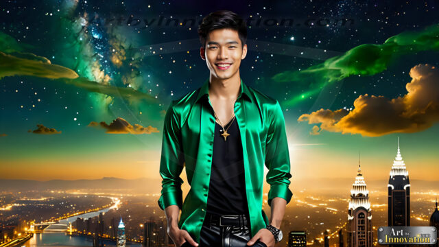 The Men of the Golden City is a collection of AI generated images of beautiful, glamorous, handsome guys in the heavens. The heavenly landscape evokes a sense of magnificence, the majestic gothic architecture, is detailed and crafted to create an atmosphere of reverence and divine glory. The mystical and galactic landscape highlights the golden city. The great detail of the city and the billowing clouds. A golden river flows from the city to the end of the galaxy. The vast galaxy almost covers the image. The stars and constellations sparkle in the galaxy. The city has massive, magnificent, majestic gothic architecture.