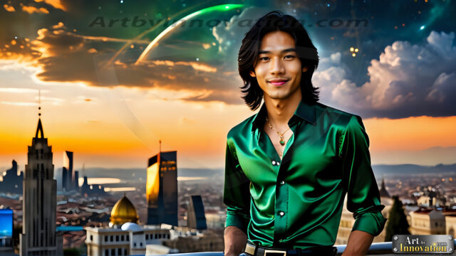 The Men of the Golden City is a collection of AI generated images of beautiful, glamorous, handsome guys in the heavens. The heavenly landscape evokes a sense of magnificence, the majestic gothic architecture, is detailed and crafted to create an atmosphere of reverence and divine glory. The mystical and galactic landscape highlights the golden city. The great detail of the city and the billowing clouds. A golden river flows from the city to the end of the galaxy. The vast galaxy almost covers the image. The stars and constellations sparkle in the galaxy. The city has massive, magnificent, majestic gothic architecture.