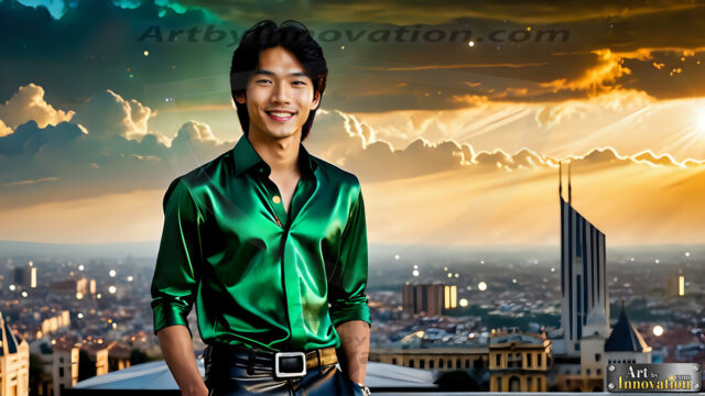 The Men of the Golden City is a collection of AI generated images of beautiful, glamorous, handsome guys in the heavens. The heavenly landscape evokes a sense of magnificence, the majestic gothic architecture, is detailed and crafted to create an atmosphere of reverence and divine glory. The mystical and galactic landscape highlights the golden city. The great detail of the city and the billowing clouds. A golden river flows from the city to the end of the galaxy. The vast galaxy almost covers the image. The stars and constellations sparkle in the galaxy. The city has massive, magnificent, majestic gothic architecture.