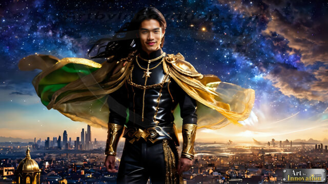 The Men of the Golden City is a collection of AI generated images of beautiful, glamorous, handsome guys in the heavens. The heavenly landscape evokes a sense of magnificence, the majestic gothic architecture, is detailed and crafted to create an atmosphere of reverence and divine glory. The mystical and galactic landscape highlights the golden city. The great detail of the city and the billowing clouds. A golden river flows from the city to the end of the galaxy. The vast galaxy almost covers the image. The stars and constellations sparkle in the galaxy. The city has massive, magnificent, majestic gothic architecture.
