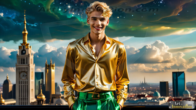 The Men of the Golden City is a collection of AI generated images of beautiful, glamorous, handsome guys in the heavens. The heavenly landscape evokes a sense of magnificence, the majestic gothic architecture, is detailed and crafted to create an atmosphere of reverence and divine glory. The mystical and galactic landscape highlights the golden city. The great detail of the city and the billowing clouds. A golden river flows from the city to the end of the galaxy. The vast galaxy almost covers the image. The stars and constellations sparkle in the galaxy. The city has massive, magnificent, majestic gothic architecture.