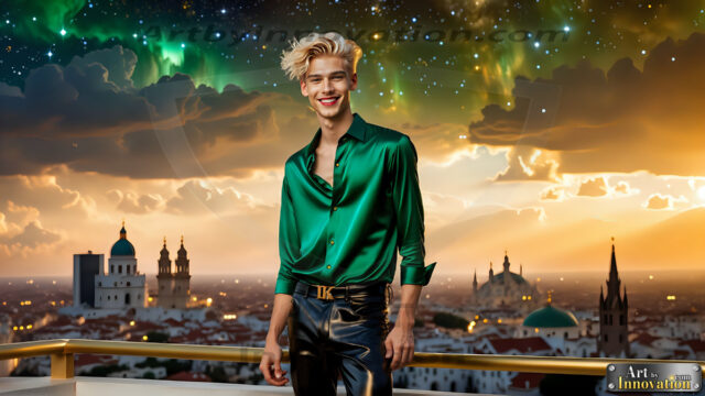 The Men of the Golden City is a collection of AI generated images of beautiful, glamorous, handsome guys in the heavens. The heavenly landscape evokes a sense of magnificence, the majestic gothic architecture, is detailed and crafted to create an atmosphere of reverence and divine glory. The mystical and galactic landscape highlights the golden city. The great detail of the city and the billowing clouds. A golden river flows from the city to the end of the galaxy. The vast galaxy almost covers the image. The stars and constellations sparkle in the galaxy. The city has massive, magnificent, majestic gothic architecture.