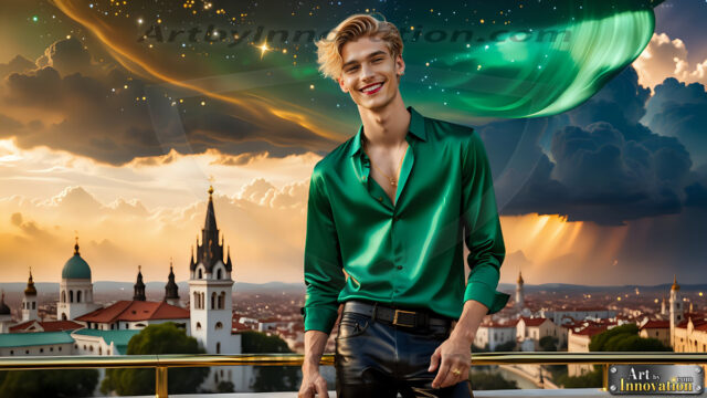 The Men of the Golden City is a collection of AI generated images of beautiful, glamorous, handsome guys in the heavens. The heavenly landscape evokes a sense of magnificence, the majestic gothic architecture, is detailed and crafted to create an atmosphere of reverence and divine glory. The mystical and galactic landscape highlights the golden city. The great detail of the city and the billowing clouds. A golden river flows from the city to the end of the galaxy. The vast galaxy almost covers the image. The stars and constellations sparkle in the galaxy. The city has massive, magnificent, majestic gothic architecture.