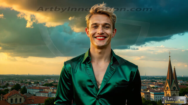 The Men of the Golden City is a collection of AI generated images of beautiful, glamorous, handsome guys in the heavens. The heavenly landscape evokes a sense of magnificence, the majestic gothic architecture, is detailed and crafted to create an atmosphere of reverence and divine glory. The mystical and galactic landscape highlights the golden city. The great detail of the city and the billowing clouds. A golden river flows from the city to the end of the galaxy. The vast galaxy almost covers the image. The stars and constellations sparkle in the galaxy. The city has massive, magnificent, majestic gothic architecture.