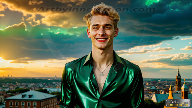 The Men of the Golden City is a collection of AI generated images of beautiful, glamorous, handsome guys in the heavens. The heavenly landscape evokes a sense of magnificence, the majestic gothic architecture, is detailed and crafted to create an atmosphere of reverence and divine glory. The mystical and galactic landscape highlights the golden city. The great detail of the city and the billowing clouds. A golden river flows from the city to the end of the galaxy. The vast galaxy almost covers the image. The stars and constellations sparkle in the galaxy. The city has massive, magnificent, majestic gothic architecture.